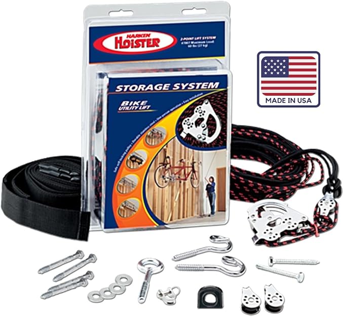 HARKEN Hoister - Bikes & Overhead Garage Storage Hoist System (45lb Capacity, 16ft Ceiling), Space-Saving Organization, Easy One-Person Operation, Safe Anti-Drop, Self-Leveling - model 7800.16