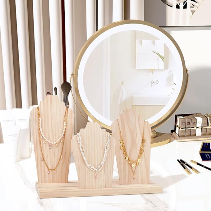 PH PandaHall Wood Necklace Display Stands with 3-Row Holder and 3 Removable Displays Wood Plank Necklace Storage Holder Bust Easel Jewelry Display for Necklaces, Rings Storage, Blanched Almond