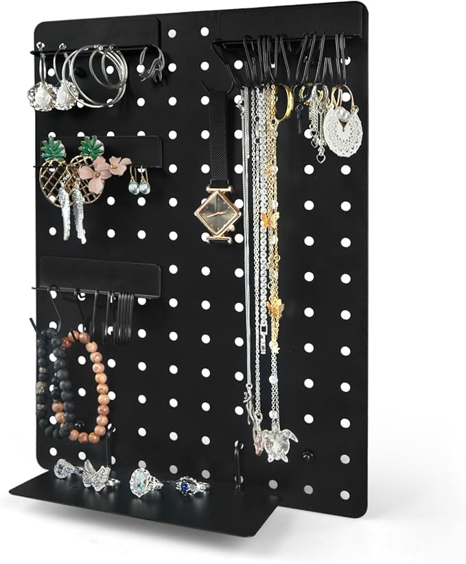 Wall Pegboard Jewelry Organizer - Versatile Jewelry Holders for Necklace Earring Bracelet Ring with Magnetic Racks Display Tray S Hooks J Hangers - Hanging Cabinet Closet Dresser Adhesive Mount Set