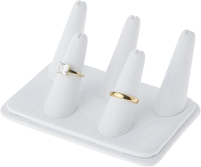 Plymor White Faux Leather Ring Finger Display, Five on Rectangular Base, 5.25" W x 3.625" D x 2.25" H (Pack of 12)