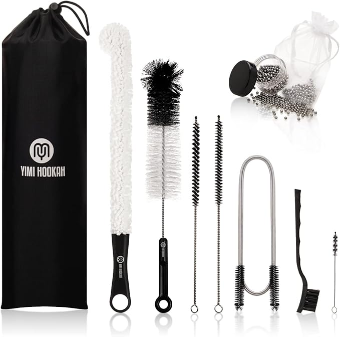 Yimi Hookah® Cleaning Kit | Flexible Drain Brush | V Shape Angled Brush | Test Tube Brushes and Micro Brush | Decanter Cleaning Beads | Flexible Bottle Scourer| Hookah Shisha Brush Set.