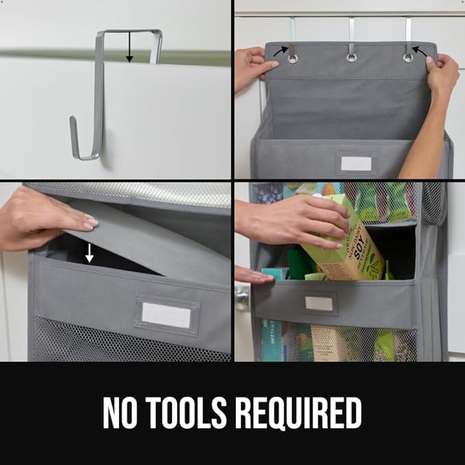 GORILLA GRIP Over The Door Organizer Storage, 5 Deep Hanging Shelves, Holds 50lbs, Closet Organizers Shelf for Bedroom, Bathroom, Nursery, Dorm Essentials, 3 Metal Hooks, 58x15 Inches, Gray