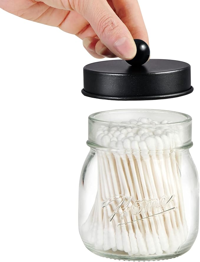 SheeChung 3 Pack Qtip Holder, Cotton Swab Holders, Apothecary Jars with Lids, Bathroom Jars, Black Bathroom Accessories for Cotton Round Pads, Balls, Floss Pick - Black