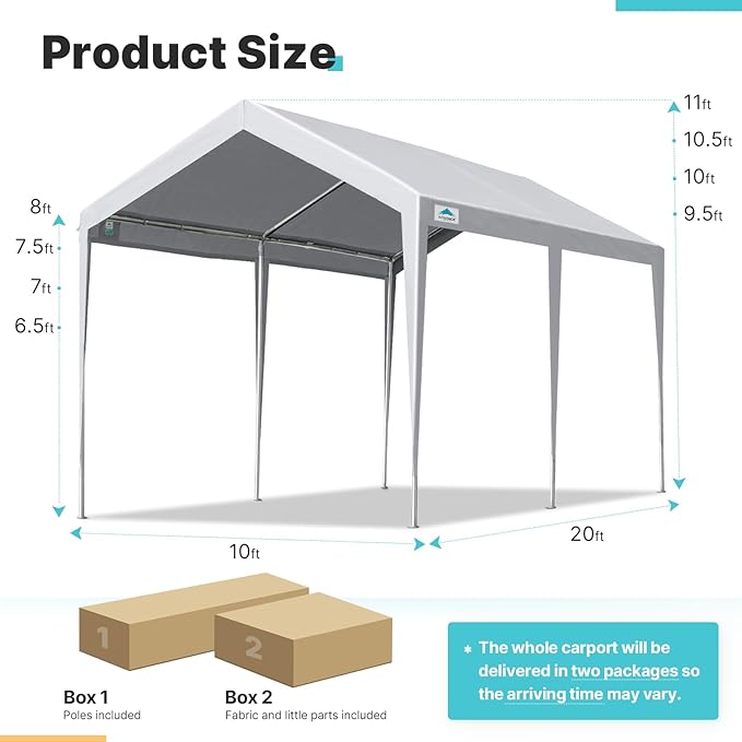 ADVANCE OUTDOOR 10x20 ft Heavy Duty Carport Potable Car Canopy Garage Party Tent Boat Shelter, Adjustable Height, with Leg Cloth, Gray