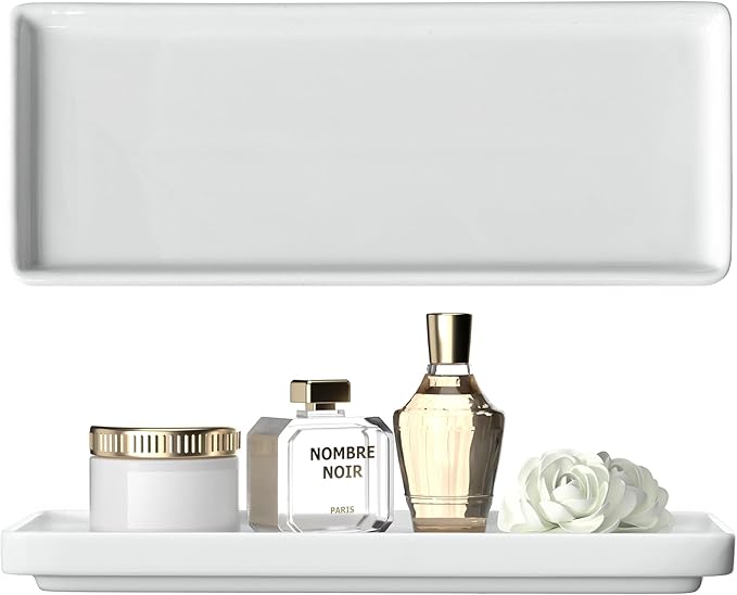 Premium Ceramic Bathroom Tray – Sleek Non-Slip Organizer for Shower, Countertop, Vanity | 9.25x3.66inch | Easy-Clean, Corrosion-Resistant