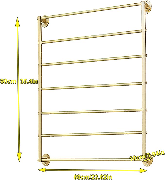 Wall Mounted Scarf Rack, Gold Silk Scarves Hijab Hanger Organizer Metal Racks Wrapping Tissue Paper Ribbon Holder Towels Storage Display for Flower Shop Retail Store (Gold, 7T-23.6×35.4IN)