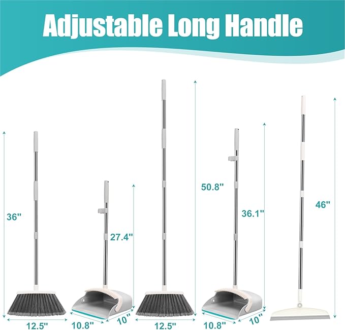 Upgrade Broom and Dustpan Set, Silicone Broom,Long Handle Broom with Upright Standing Dustpan, Squeegee - Broom for Indoor Cleaning 2+1,for Indoor Outdoor,Smooth Floors, Rugs (Grey-White)