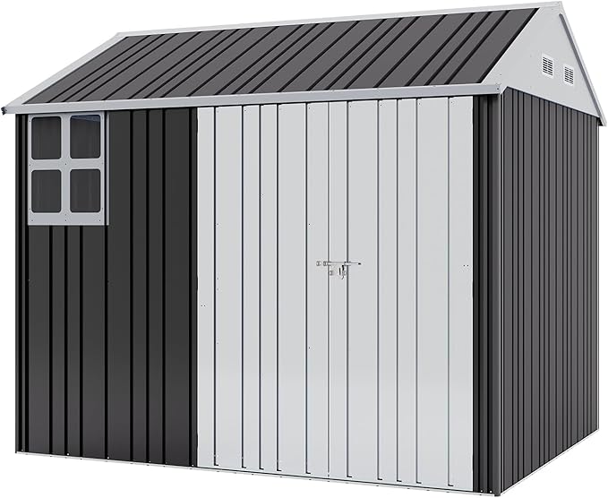 VanAcc 8.5x7.1x7.5 FT Galvanized Steel Outdoor Storage Shed, Lockable Double Hinged Doors and 4 Vents, Metal Shed for Backyard Storage, Dark Black/White