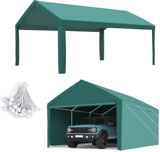 ADVANCE OUTDOOR 10x20 ft Carport Replacement Top Canopy Cover with Leg Cloth, Heavy-Duty Waterproof & UV Protected Car Garage Shelter Tent, Easy Installation with Ball Bungees, Green, Roof Only