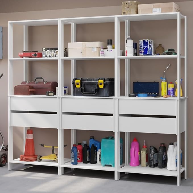 Madesa Garage Storage Rack with 6 Drawers and Open Shelves 82" L Multiuse Modular Organization Cabinet for Tools (WHITE)