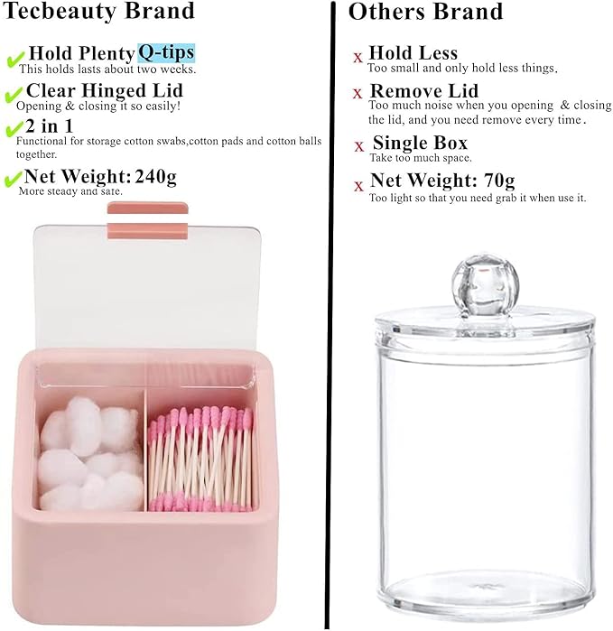 Tecbeauty 2pcs Qtips Holder - Middle Divider Cotton Pads Storage Dispenser Bathroom Organizer with Clear Hinged Lids for Cotton Balls Swabs Rounds - Blue & Pink