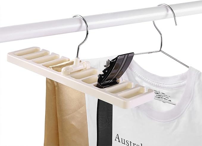 10 Slot Tie Belt Scarf Rack Organizer Sturdy Plastic Closet Wardrobe Space Saver Multifunctional Rotating Hanger for Ties Belts Scarves Accessories Black Brown Beige 30.5 x 7.3 x (Beige)