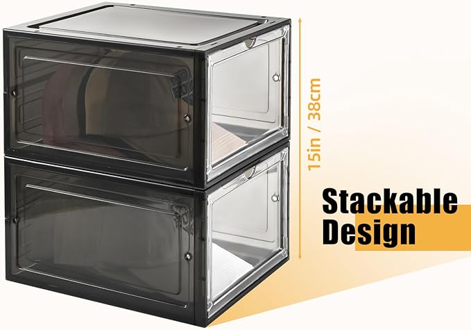 Hat Organizer Box, Stackable Clear Baseball Caps Holder Box Containers with Magnetic Door, Holds 20 Hats (Black Clear, 2 Pack)