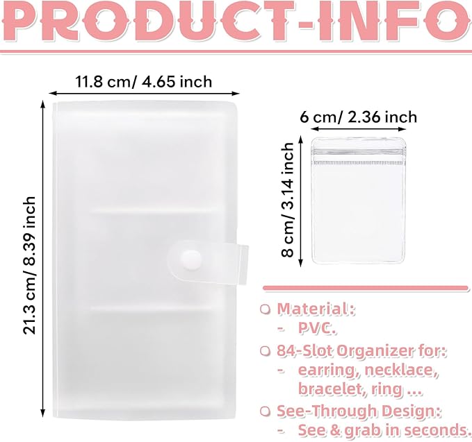 Portable Jewelry Storage Organizer, Clear Double-Sided Protective Folder with Snap Closure, Multi-Compartment Display Book for Necklaces, Earrings, Rings (3 inches - 84)