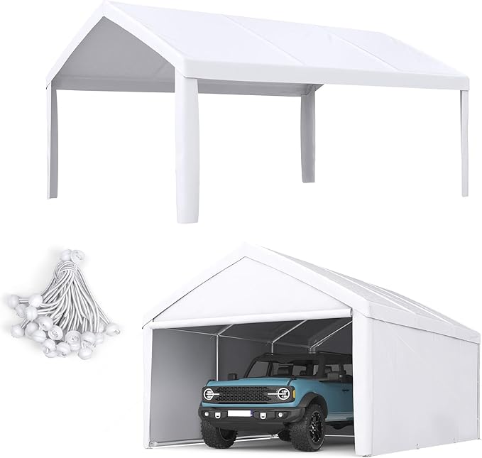 ADVANCE OUTDOOR 10x20 ft Carport Replacement Top Canopy Cover with Leg Cloth, Heavy-Duty Waterproof & UV Protected Car Garage Shelter Tent, Easy Installation with Ball Bungees, White, Roof Only