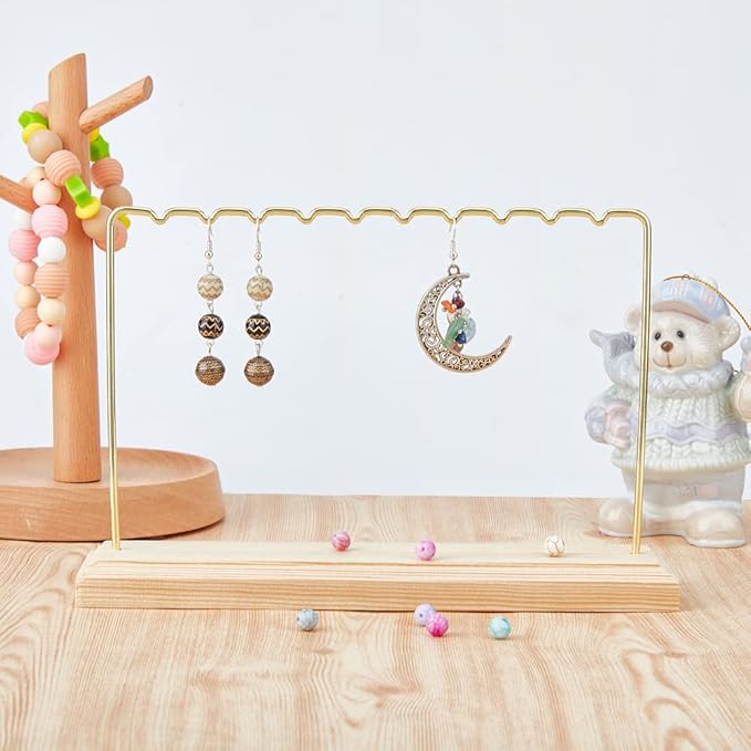 1-Tier Wood Earring Display Stand 8.66x1.97x5.67 Inch Long-Lasting Plated Metal Hanging Bar Stand with Iron Findings Golden Display Stands for Bracelet Necklace Earrings
