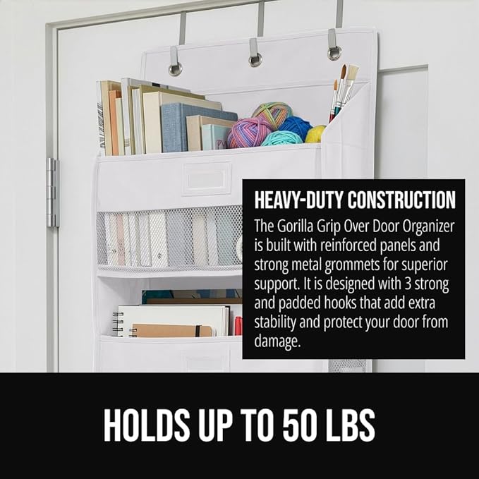 GORILLA GRIP Over The Door Organizer Storage, 5 Deep Hanging Shelves, Holds 50lbs, Closet Organizers Shelf for Bedroom, Bathroom, Nursery, Dorm Essentials, 3 Metal Hooks, 58x15 Inches, White