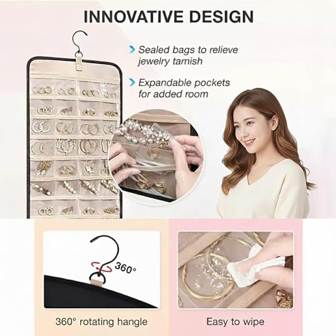 Hanging Jewelry Organizer - Dual-Sided Necklace Holder Wall Mount & Over The Door Closet Storage - Pockets Large Capacity Accessory Holder for Earrings, Rings,Bracelets - 360° Rotating (1, black, XL)