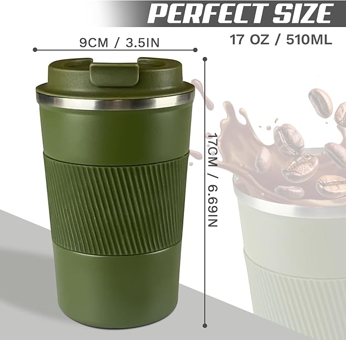 Vacuum-Insulated Stainless Steel Travel Coffee Mug, Leak-Proof Reusable Coffee Cup with Lid - Keep Hot & Cold Drinks for Hours, Durable Insulated Tumbler for Men & Women(3rd-Green, 17OZ)