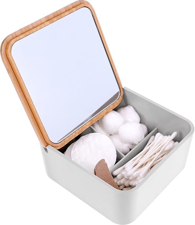 Ginsey Home+Solutions Bamboo Organizer with Mirror - Stackable, Multi-Use Storage, Cosmetic and Jewelry Organizer