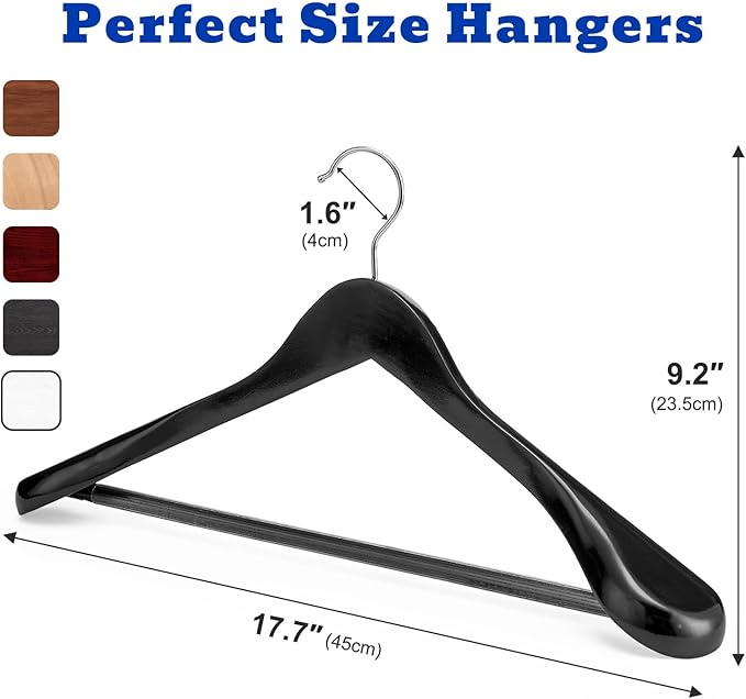 HOUSE DAY Wide Shoulder Wooden Hangers 12 Pack, Wood Suit Hangers for Men with Non Slip Pants Bar, Smooth Finish Solid Wood Coat Hangers for Jacket, Pants, Dress, Heavy Clothes Hangers (Black)