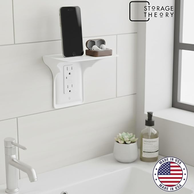 BeraTek Power Perch Wall Outlet Shelf with Cord Storage Strap - Declutter & Reclaim Counter Space - Echo Dot Wall Mount, Charging Shelf, Apple HomePod Mini Stand - White, 1-Pack