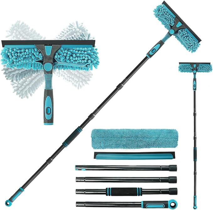 Professional 2-in-1 Window Squeegee Cleaner Tool with 62" Extension Pole, Rotatable Bendable Head & Scrubber, Car Glass Cleaning Kit for Windows, Shower, Gas Station - 1 Blade 2 Scrubber
