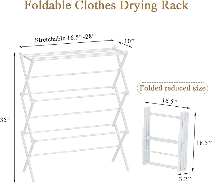 Foldable Drying Rack Clothing, 3-Tier Portable Clothes Drying Racks for Indoor & Outdoor, Anti-Rust Compact Laundry Rack Collapsible, White 28" D x 10" W x 35" H