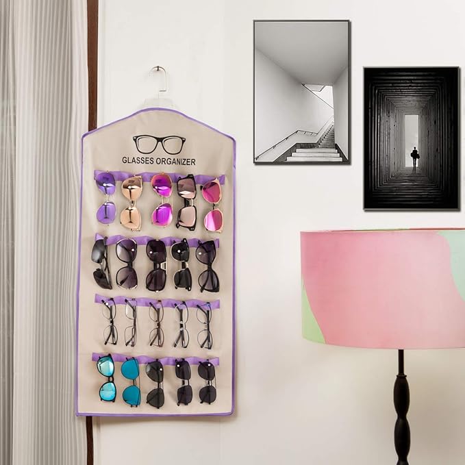 TRIUMPH VISION 20 Slots Hanging Sunglass Organizer,Glass Display Cabinet Rack Sunglasses Case Wall Mount Purple