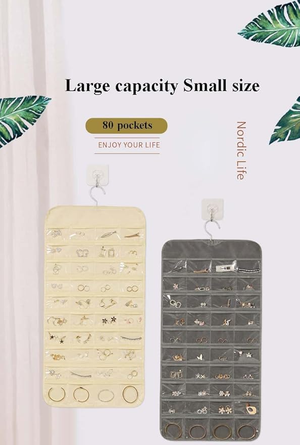 Hanging Jewelry Organizer, 80 Pockets Earring Holder Organizer, Bracelet Organizer with Pockets for Hanging Earrings, Necklaces,Rings, Storage, Closet(beige)