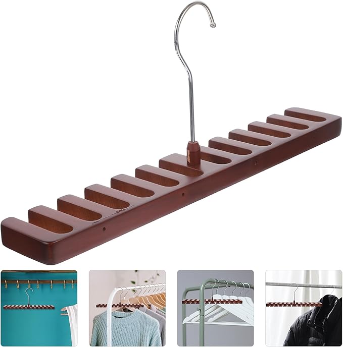 Multi-Slot Solid Wood Tie and Scarf Organizer Rack, Multi-Function Closet Accessory with Red Wood Finish for Belt and Scarf Storage in Bedroom or Closet