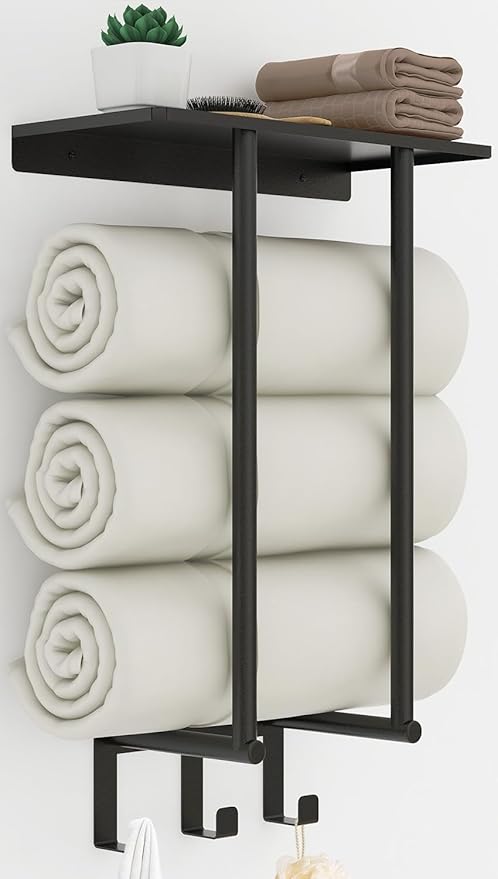 Towel Racks for Bathroom, Bathroom Towel Rack Wall Mounted with Metal Shelf and 3 Hooks for Small Bathroom, Black