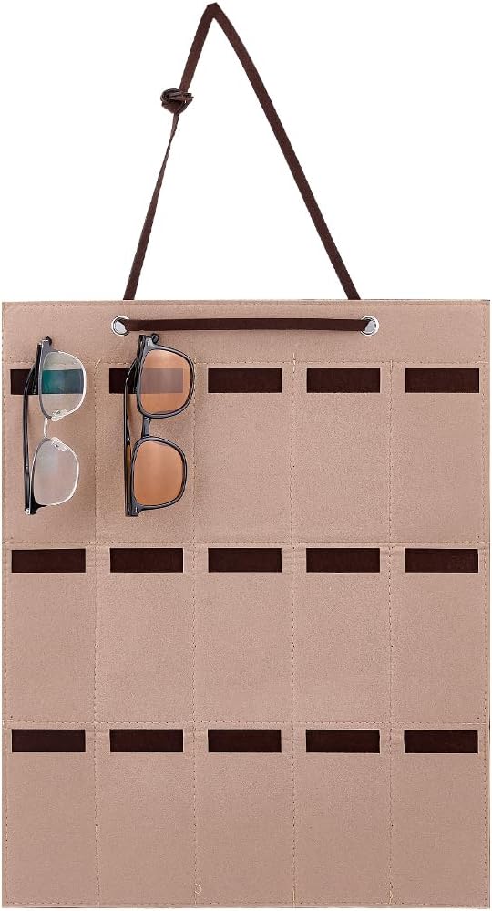 CREATCABIN Wall Hanging Sunglasses Bag Brown Wall Mounted Dust Proof Sunglasses Storage Bag Protable Foldable Jewelry Organizer with 15 Slots for Makeup Room Bussiness Travel Carrying 5.7x3in