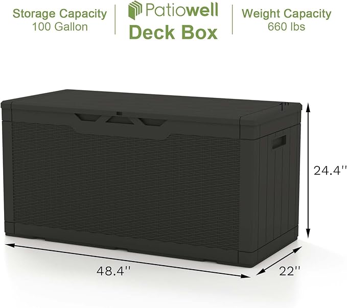 Patiowell 100 Gallon Resin Deck Box, Waterproof Large Outdoor Storage Box for Patio Furniture and Garden Tools, Black