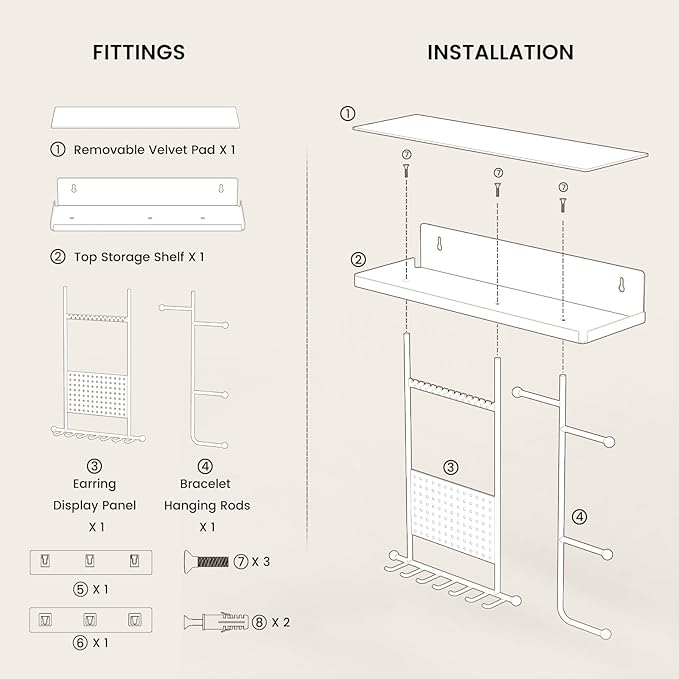 Wall Mounted Jewelry Organizer with Shelf: Metal Display Stand with Velvet Pad, Multi-Layer Necklace Hanging Rack for Bedroom Bathroom Space Saving No-Drill Wall Decor