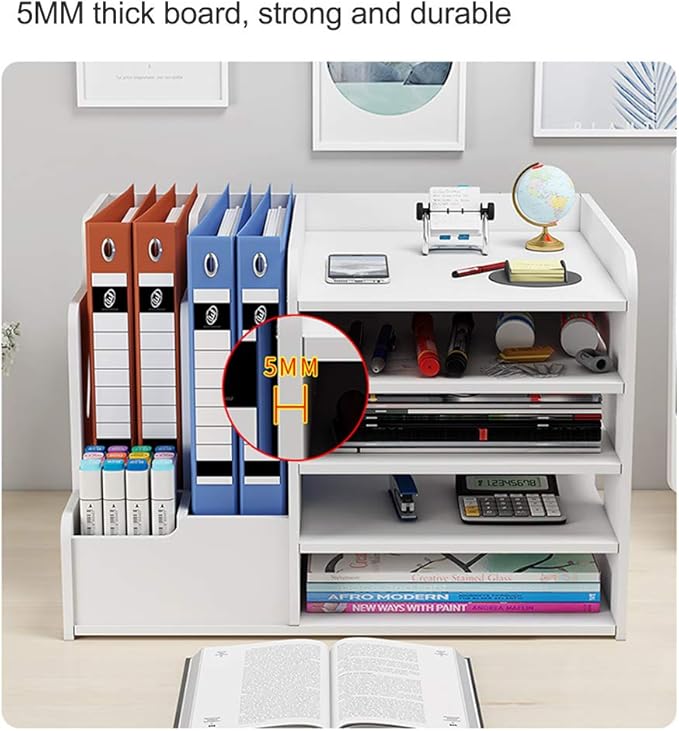 White Desktop Organizer, Multipurpose Desk Document File Tray Organizer Storage Display Shelf Rack for Home Office School(PB07-3)
