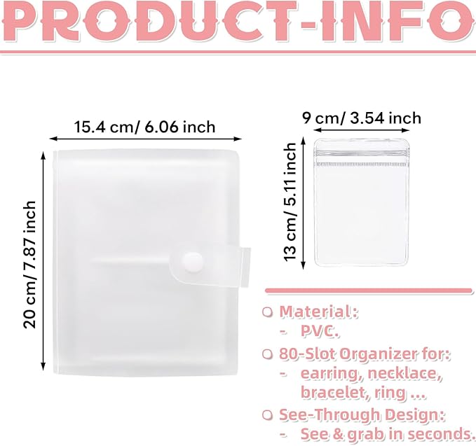 Portable Jewelry Storage Organizer, Clear Double-Sided Protective Folder with Snap Closure, Multi-Compartment Display Book for Necklaces, Earrings, Rings (5 inches - 80)