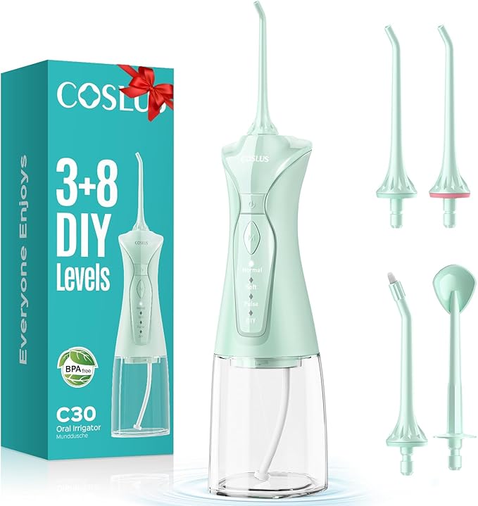 COSLUS Water Dental Flosser Pick for Teeth C30(FC5360): 4 Modes Cordless Portable 300ML Larger Tank Water Teeth Cleaner IPX7 Waterproof Flossing Cleaning Picks for Home Travel Green