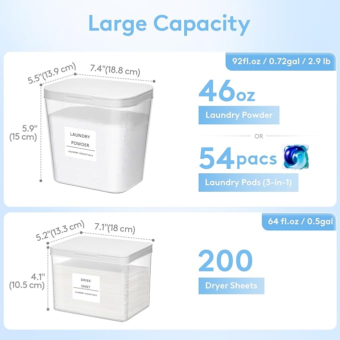 Lifewit Large Laundry Pods Container& Dryer Sheet Holder, Laundry Storage Containers, Laundry Room Organization Storage Jars for Powder, Scent Booster Beads,Plastic Lid,0.53+0.7 gal,4 Pcs