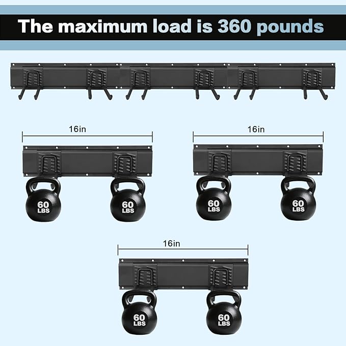 Garage Tool Organizer Wall Mount 16in- 2 Heavy Duty Hooks,120lbs Capacity, Garage Organization & Storage Rack for Broom, Rake & Snow Equipment - Tool Organizer & Men’s Gift Choice