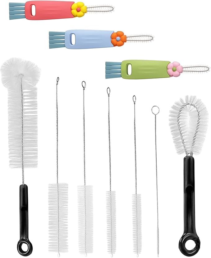 10 Pcs Bottle Brush and Lid Cleaning Brush Set, Long Water Bottle Straw Cleaner Brush for Wine Decanter Narrow Neck Bottles, Home Kitchen Crevice Brush Tools