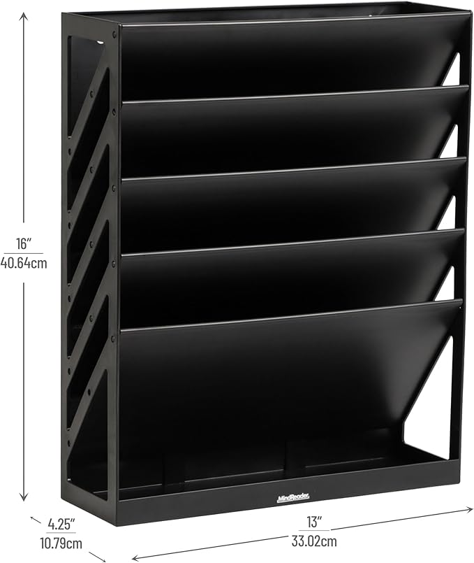 Mind Reader 5-Tier Vertical File Storage, Desktop Organizer, Wall Mount, Office, Plastic, 13"L x 4.25"W x 16"H, Black