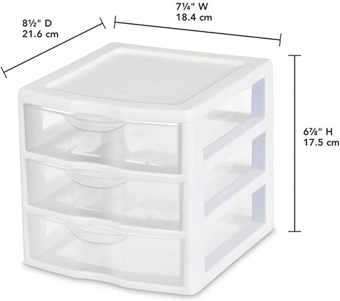 Sterilite 18-Pack Clearview 3-Drawer Cart, Small Plastic Storage Organizer Drawers, White - Organizing Drawer Containers for Bathroom, Closet, Kitchen, and Bedroom