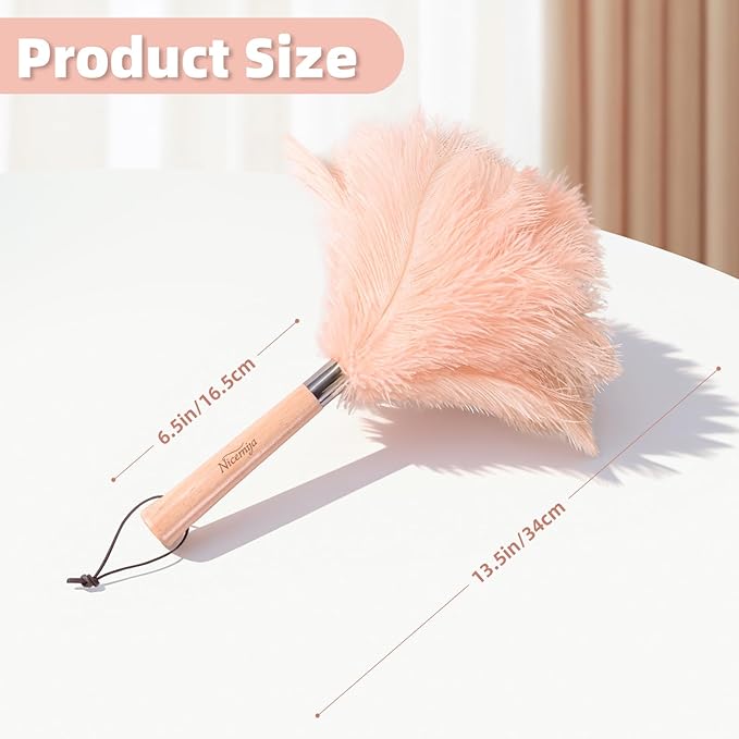Pink Ostrich Feather Duster with Wooden Handle, 13.5 inch Natural Fluffy Cleaning Tool for Dusting Home, Car, Delicate Surfaces, Reusable Decorative Duster for Ledges, Blinds & Valentines Home Decor