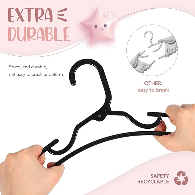 HOUSE DAY Plastic Baby Hangers for Closet 60 Pack, Durable Plastic Kids Hangers for Baby Clothes, Thin & Compact Childrens Hangers, Space Saving Black Baby Hanger, Small Hanger for Kids Clothes
