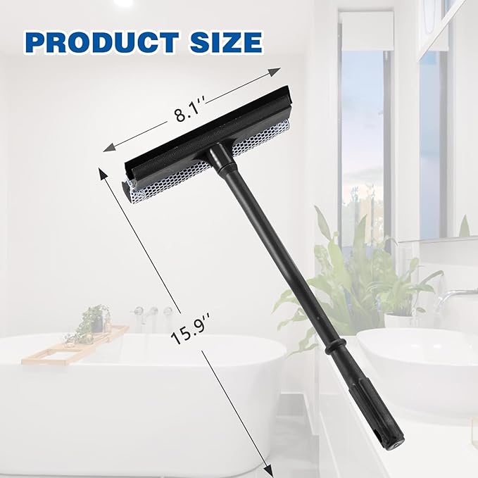 2-in-1 Car Window Cleaner, Multi-Use Car Windshield Cleaning Tool, with 15.9" Handle, 8" Soft Rubber Blade & Highly Absorbent Sponge, Home, Car, Glass, Shower, Outdoor Window Cleaning