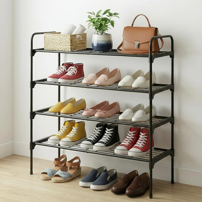 4-Tier Shoe Rack Organlzer, Rustproof lron, Spaclous Shoe Storage Shelf for Closet or Entryway, Fits Sneakers & Slippers, Black