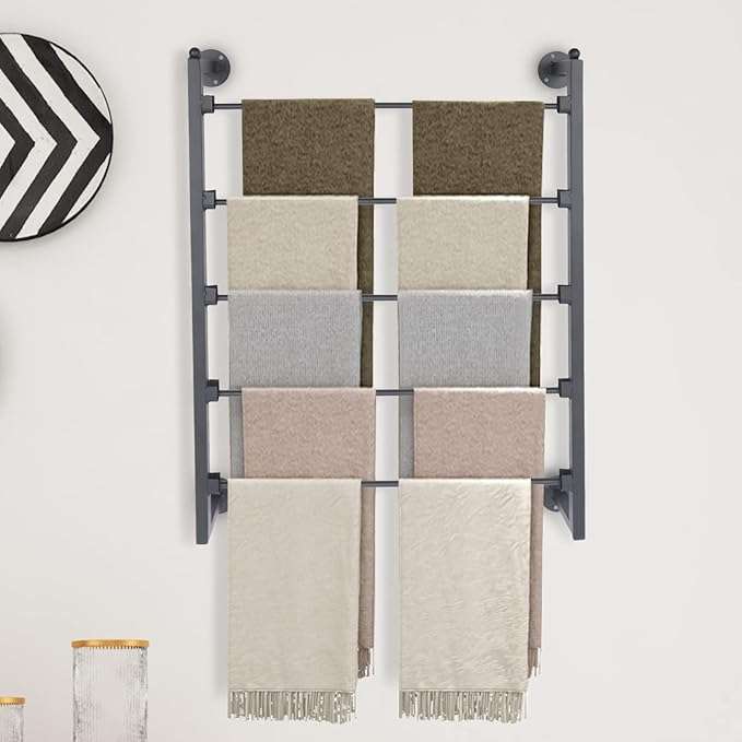 Scarf Towels Wall Rack, 5-Tier Metal Silk Rack Storage Display with Opening Structure Installation Disks and Complete Accessories Easy to Install Wall Mounted Scarf Storage Organizer for Home Shops