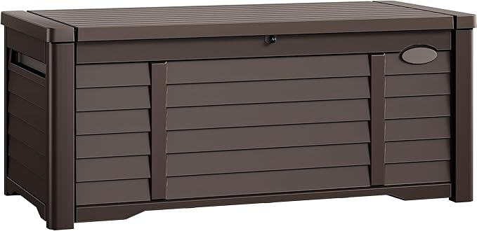 DWVO Large Deck Box 150 Gallon Waterproof Outdoor Storage Box, Extra Large Outdoor Bin, Resin Louvered Patio Storage for Pillows, Garden Tools & Pool Supplies, Lockable, Dark Brown