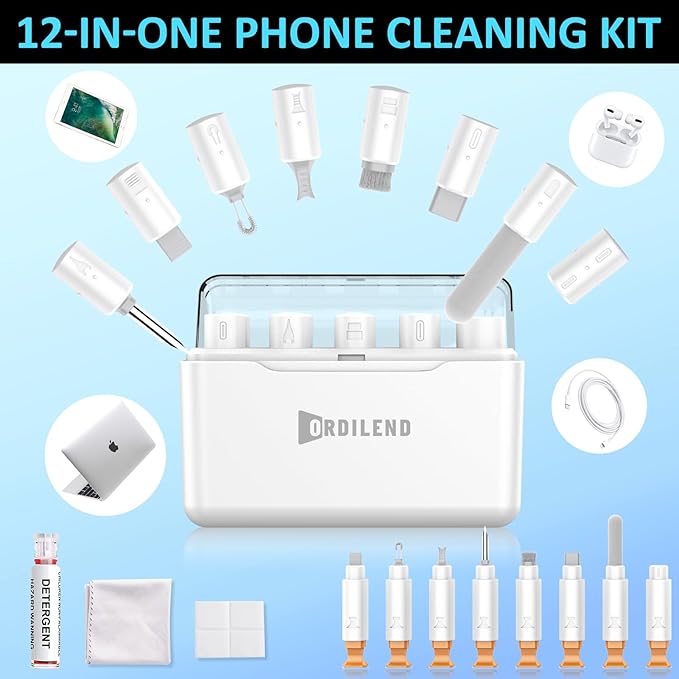 Ordilend for iPhone Cleaning Kit for Charging Port Cleaner, Multi-Tool iPhone Cleaner Repair Lightning Cable, Cell Phone Cleaning Kit for iPad, Connectors, Speaker, Airpod with Storage Case, White